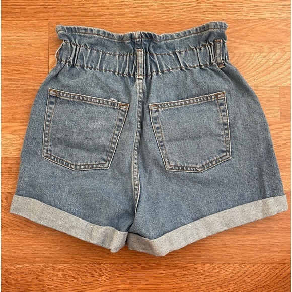 TOPSHOP Paper Bag High Waist Button Fly Blue Denim Shorts Size 2 - Picture 3 of 4
